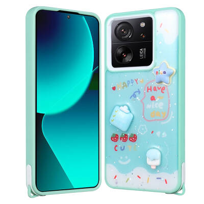 Xiaomi Mi 13T Kılıf Parlayan Simli Kabartma Figürlü Zore Cevze Kapak Yeşil
