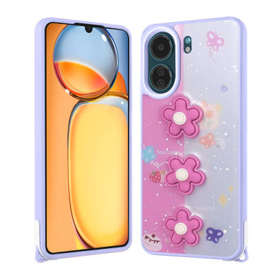 Xiaomi Poco C65 Case Shining Glitter Relief Figured Zore Cevze Cover Mor Papatya