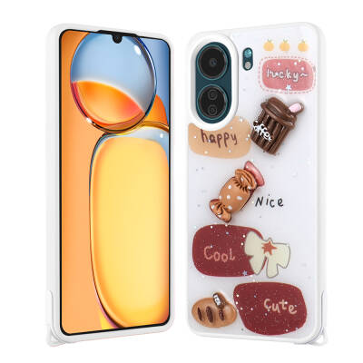 Xiaomi Redmi 13C Kılıf Parlayan Simli Kabartma Figürlü Zore Cevze Kapak Beyaz