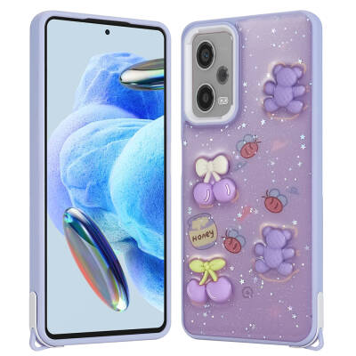 Xiaomi Redmi Note 12 Pro Plus 5G Kılıf Parlayan Simli Kabartma Figürlü Zore Cevze Kapak Mor Ayı