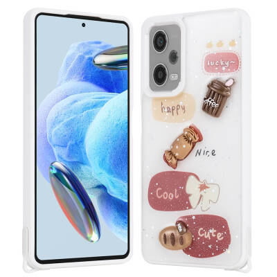 Xiaomi Redmi Note 12 Pro Plus 5G Kılıf Parlayan Simli Kabartma Figürlü Zore Cevze Kapak Beyaz