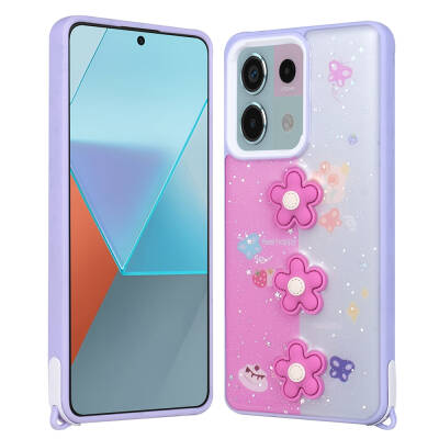 Xiaomi Redmi Note 13 Pro 5G Kılıf Parlayan Simli Kabartma Figürlü Zore Cevze Kapak Mor Papatya