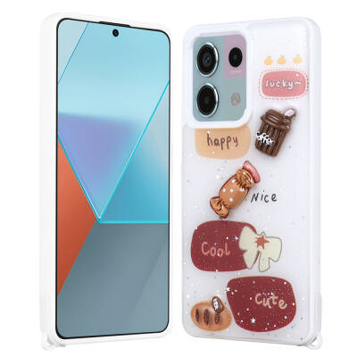 Xiaomi Redmi Note 13 Pro 5G Kılıf Parlayan Simli Kabartma Figürlü Zore Cevze Kapak Beyaz