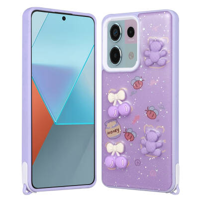 Xiaomi Redmi Note 13 Pro 5G Kılıf Parlayan Simli Kabartma Figürlü Zore Cevze Kapak Mor Ayı