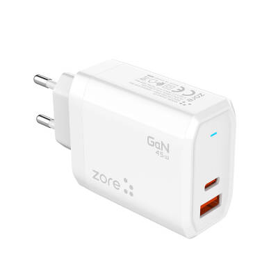 Zore Always-02 GaN Tech Type-C PD4.0 USB-A QC3.0 Hızlı Şarj Özellikli Seyahat Şarj Başlığı 45W Beyaz